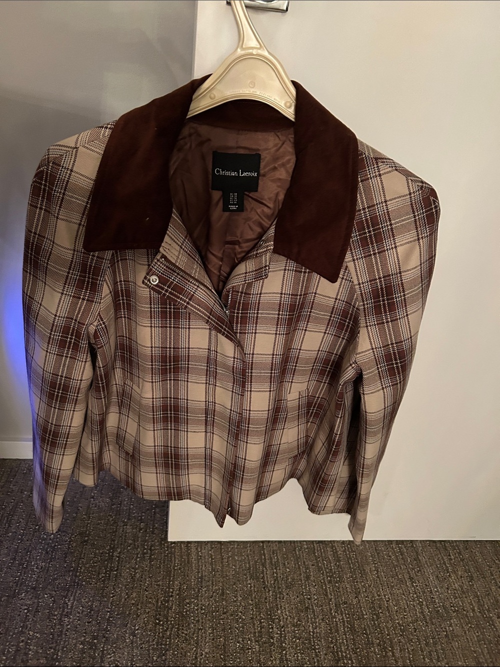 Christian Lacroix Beige and Brown Plaid Blazer with Brown Contrast Collar